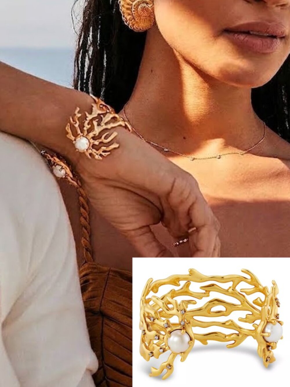 Kendra Scott Shea Statement Cuff Bracelet Vintage Gold White Pearl Crystal NWT